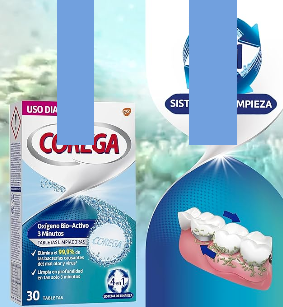 Corega Oxígeno Bio-Activo, Tabletas Limpiadoras para Prótesis Dentales, Férula Dental y Ortodoncia