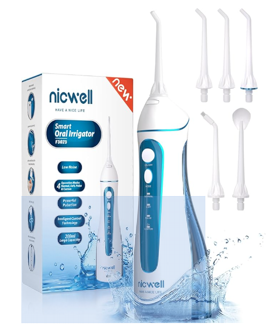 Irrigador Bucal Portatil Profesional - Irrigador Dental con 5 Boquillas 4 Modos, IPX7 Impermeable Limpieza Dientes